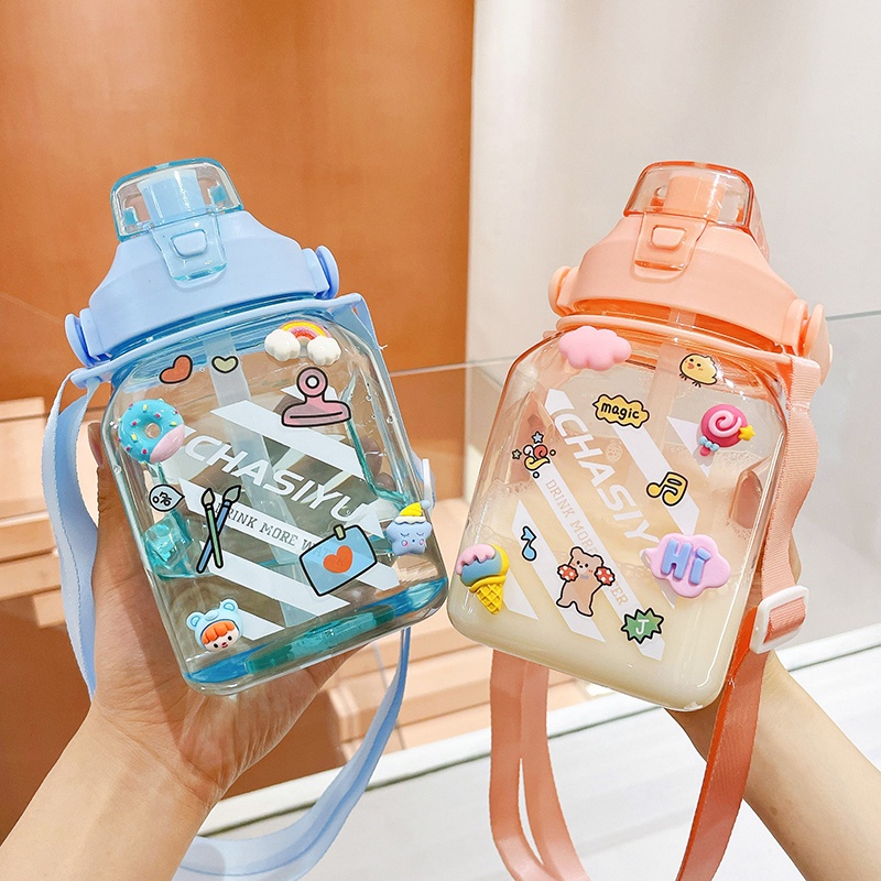 Bình đựng nước cute có ống hút, bình nước cho học sinh sinh viên có quai đeo dễ thương