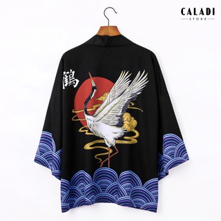 Áo khoác cardigan Kimono Haori đi biển hoạ tiết hạc xanh