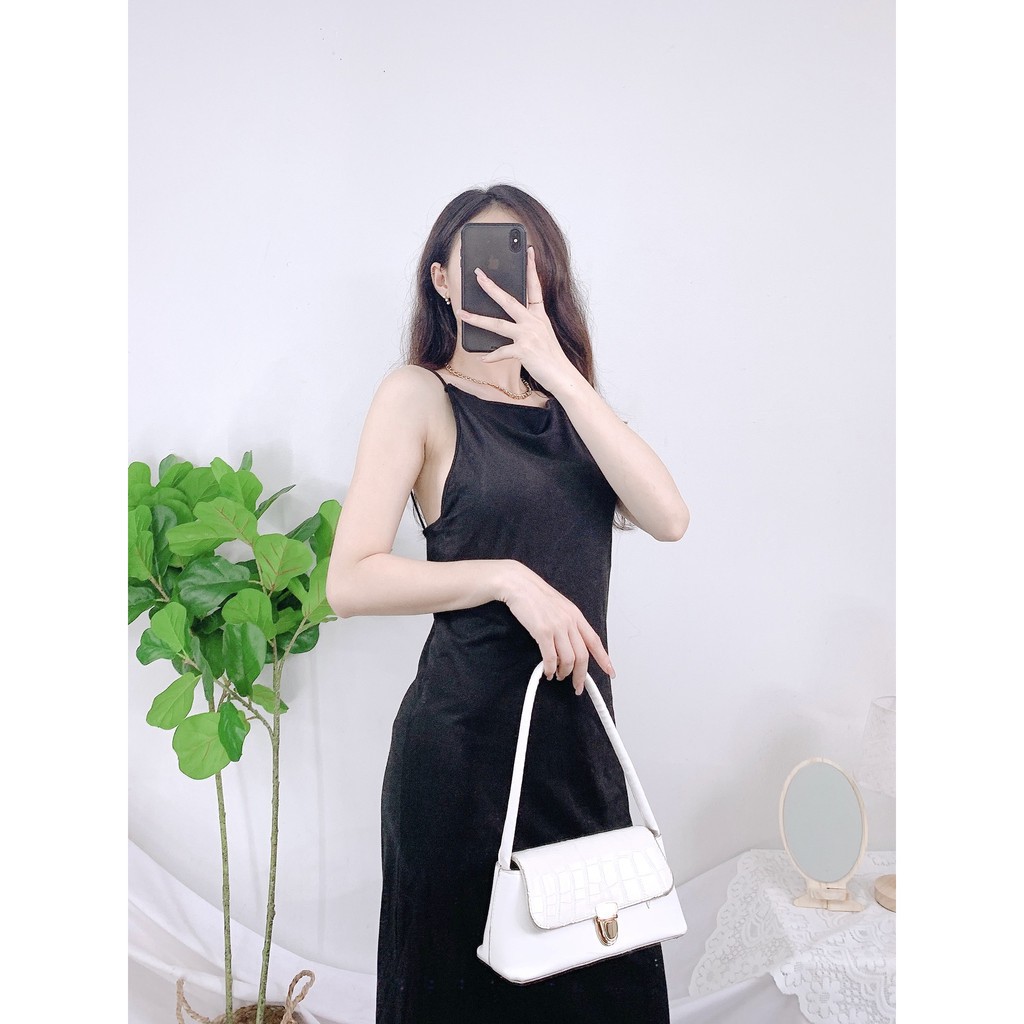 Váy 2s Midi Hở Lưng Nữ 🎁 Nana's House - FREESHIP 🎁 Đầm hai dây suông ôm body dáng dài màu đen basic | BigBuy360 - bigbuy360.vn