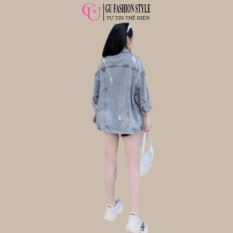 Áo Khoác Jeans Loang Rách Nữ Form Rộng Unisex Chất Liệu Vải Denim Dày Dặn Màu Xanh Bò Mã GUG202 - GU FASHION STYLE