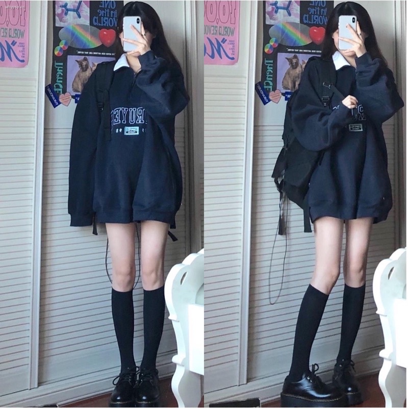 Sweater cổ bẻ màu xanh than dáng rộng - hoodie Hàn Quốc (hàng sẵn) | BigBuy360 - bigbuy360.vn