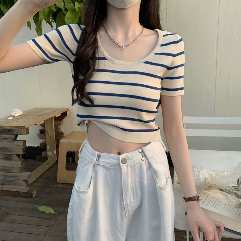 Jiashucheng Áo Thun Ngắn Tay Họa Tiết Kẻ Sọc Phong Cách Mới Cho Nữ