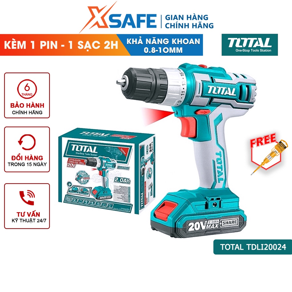 Máy khoan pin cầm tay 20V TOTAL TDLI20024 hai tốc độ 400-1350v/p, có đèn làm việc, kèm 1 pin 1 sạc 2 giờ - xsafe