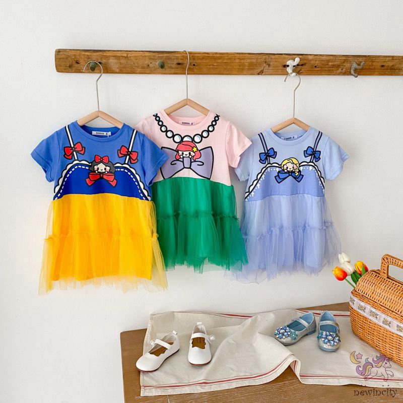 Đầm Cotton Ngắn Tay In Họa Tiết Hoạt Hình Thời Trang Mùa Hè Hàn Quốc Cho Bé Gái