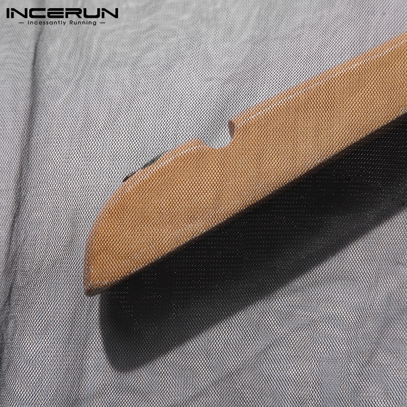 Áo thun INCERUN lưới xuyên thấu ngắn tay phối tua rua gợi cảm cho nam