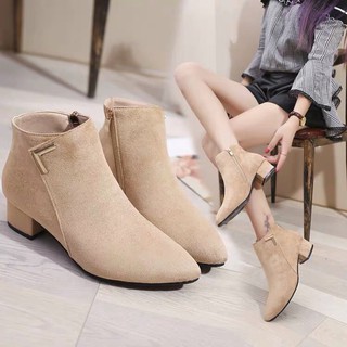 boots nữ, bốt nữ da lộn cổ thấp đế thấp