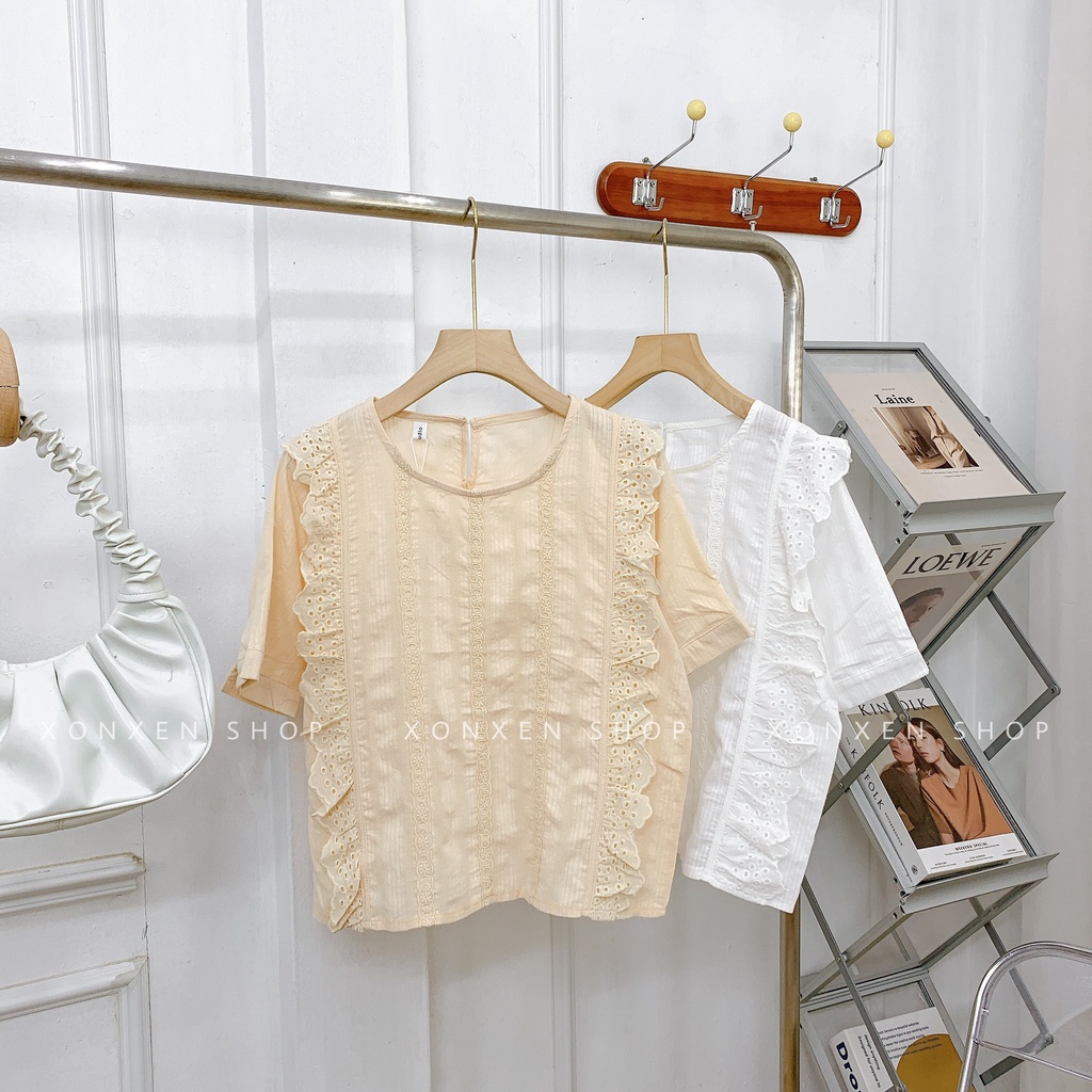 ÁO KIỂU NỮ áo kiểu tiểu thư phối đường ren dễ thương chất vải mịn mát XONXEN SHOP freesize mã 3365
