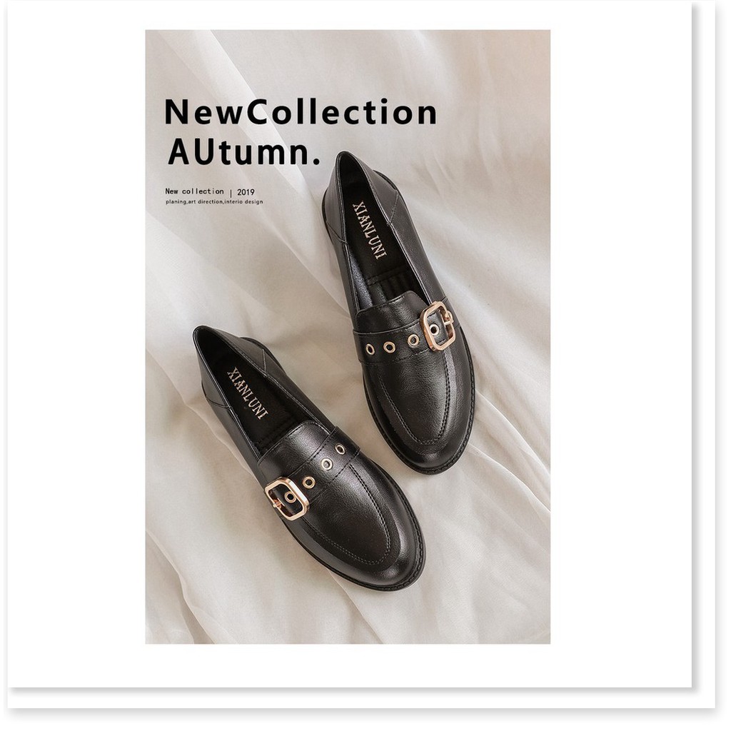 Giày Da Nữ Oxford Kiểu Anh Hai Màu Trắng Đen Mũi Tròn, Giày Lười Loafer