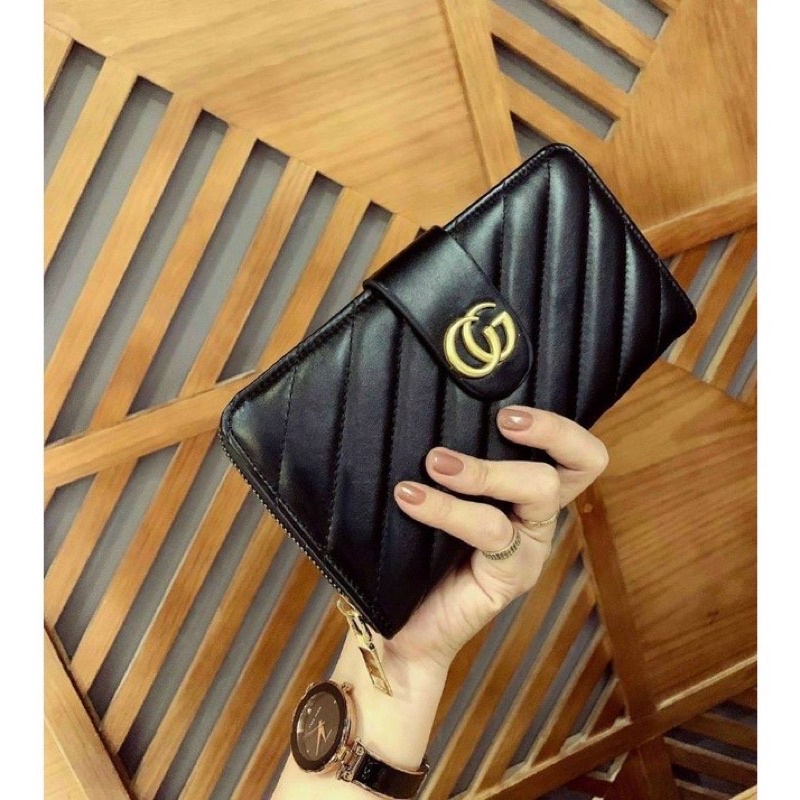 Ví dài thời trang nữ nắp cài g.u.c.c.i da bóng trần chỉ siêu đẹp