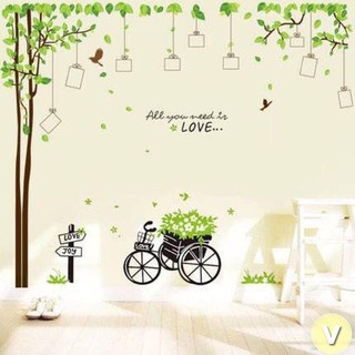 Decal dán tường cây khung ảnh và xe đạp chở hoa