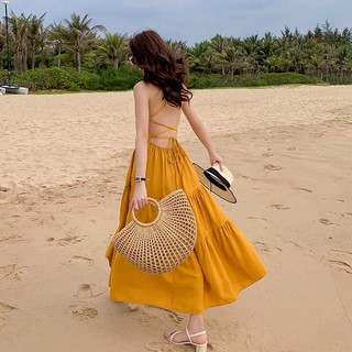 Sẵn - váy maxi vàng dáng dài hở lưng loại 1