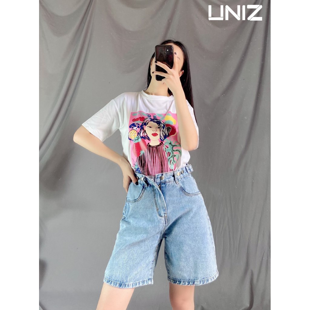 Áo Phông Nữ Hình Cô Gái UNIZ (3 Kiểu), Unisex, Dáng Dài, Cộc tay, Cổ Tròn, Form Rộng, Vải Cotton, In Hình CHỐNG BONG