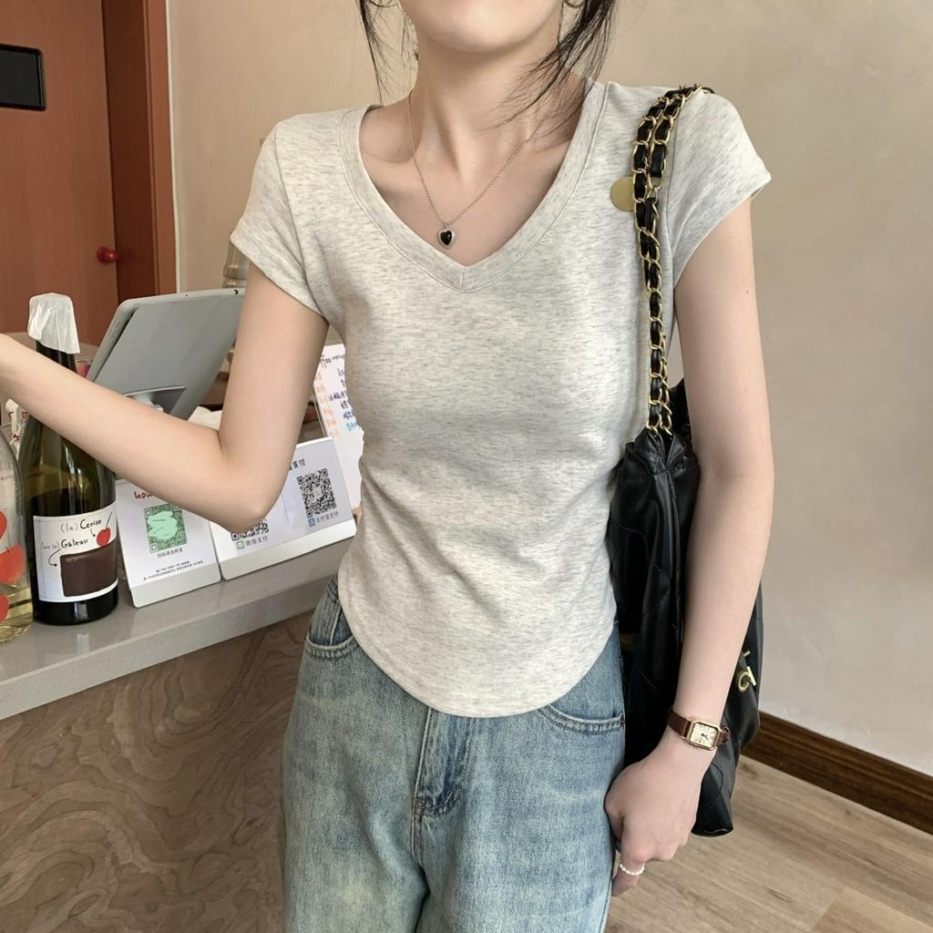Xiaozhainv Áo Thun Tay Ngắn Cổ Chữ V Màu Trơn Dáng Ôm Thời Trang Mùa Hè Cho Nữ