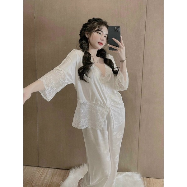 Bộ Pijama cổ  ren Màu Hồng, đồ bộ cọc tay mặc nhà cực ngọt Chất lụa siêu mềm
