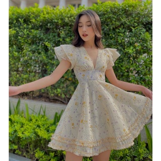 Fleur Dress- Đầm tơ nến cánh tiên hoạ tiết vintage