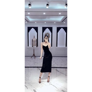 đầm body nhung cổ đỗ 2 dây