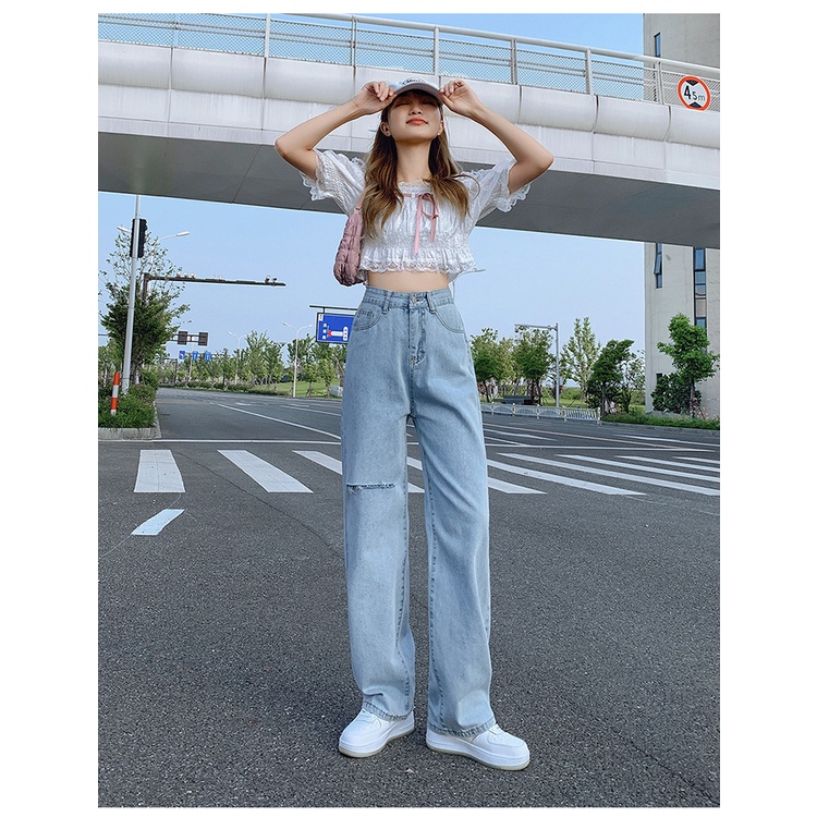 Quần dài jean bigsize ống suông lưng cao Ulzzang rách một gối QJ002