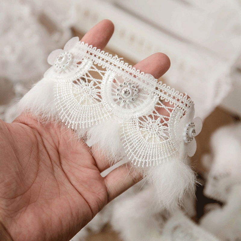 Dây ruy băng ren lưới đính ngọc trai giả xếp ly dài 1 yard dùng trang trí váy cưới DIY