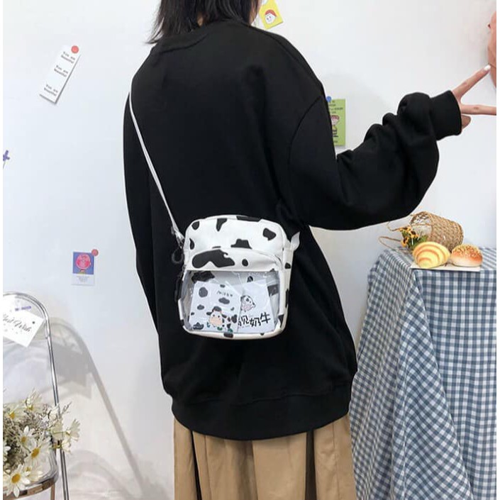 Túi đeo chéo cavas nam nữ họa tiết Bò sữa, trong suốt vuông siêu đẹp (kèm video/ảnh thật) xưởng sỉ nguyễn hoa