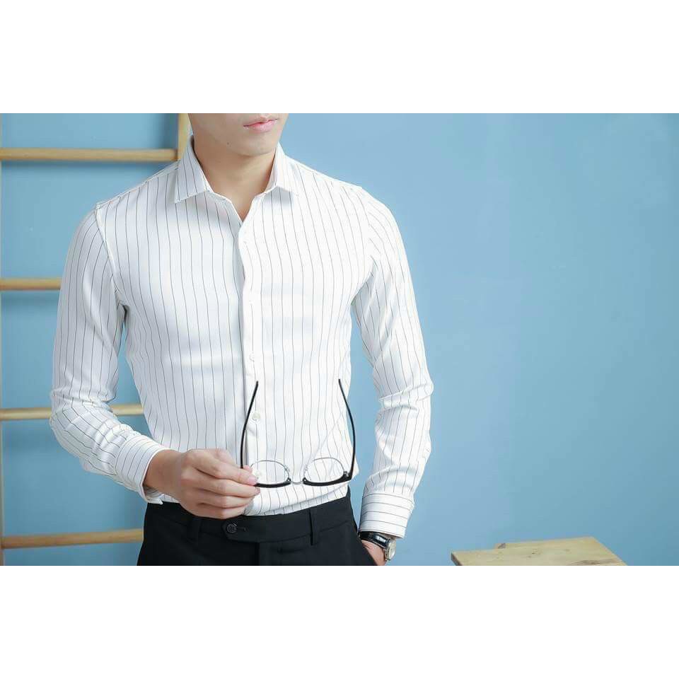 Áo sơ mi nam họa tiết kẻ sọc, thiết kế thời trang, phong cách Hàn Quốc