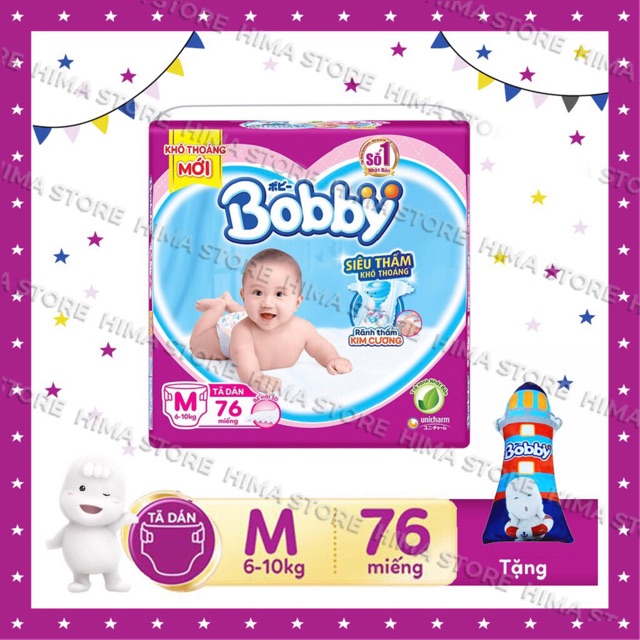Tã dán bobby l68/m76 /xl62 tặng 6 miếng ,tặng gối
