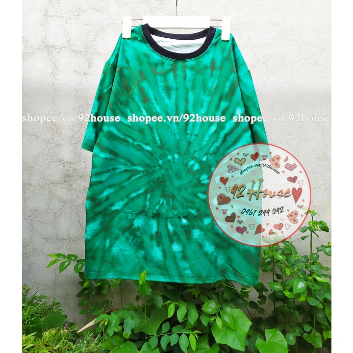 Áo phông tay lỡ dáng rộng unisex loang màu xanh lá cá tính
