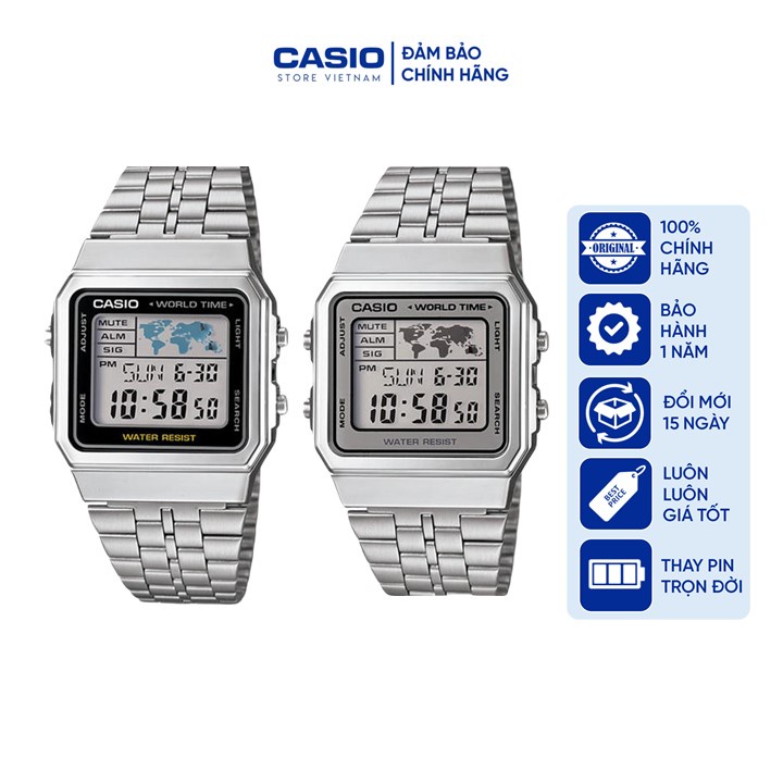 Đồng hồ Nam Casio A500WA, đồng hồ chính hãng, Điện Tử - Dây Kim Loại Mạ bạc  chính hãng - Casio World time | Shopee Việt Nam