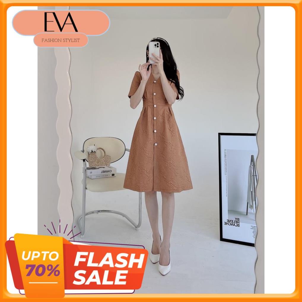 Váy đầm nữ xốp đính cúc ngọc dáng suông đi dự tiệc cưới công sở trẻ trung đi chơi cao cấp thiết kế Eva Fashion