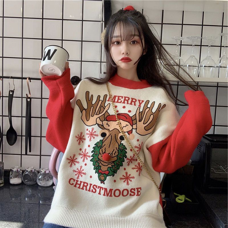 Áo Sweater Dáng Rộng Họa Tiết Giáng Sinh Thời Trang Thu Đông Dễ Phối Đồ Cho Nữ