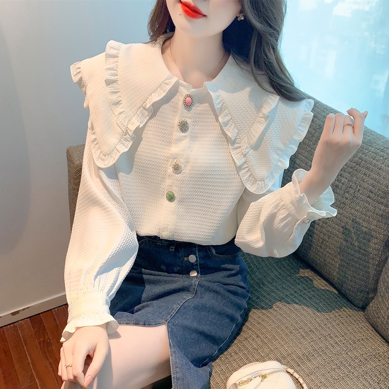 【ZHELIHANGFEI】Áo Sơ Mi Tay Dài Cổ Búp Bê Phong Cách Phương Tây