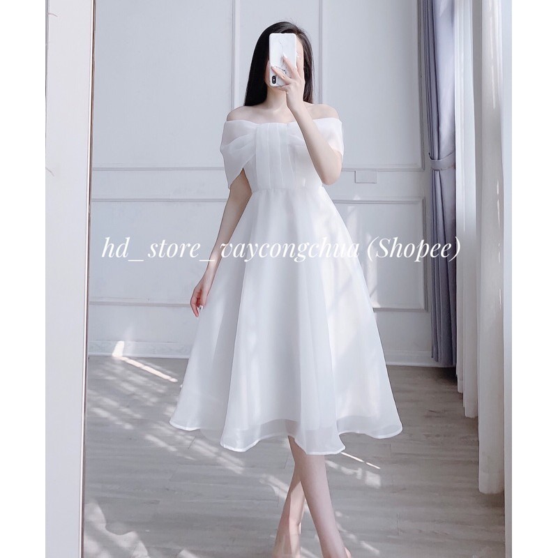 [ẢNH THẬT] V221 VÁY ĐẦM TRẮNG XOÈ DỰ TIỆC, DẠ HỘI KỶ YẾU PROM, VÁY CÔNG CHÚA TIỂU THƯ TRỄ VAI, ĐẦM THIẾT KẾ DỰ TIỆC CƯỚI