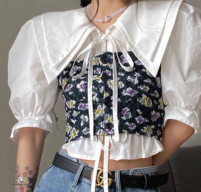 Set Áo Cổ Búp Bê Và Áo hai dây Họa Tiết Hoa Phong Cách Hàn Quốc Cho Nữ