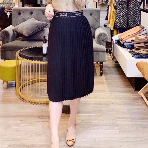 Chân váy xếp ly NHẬT LINH chân váy dài đến gối cạp chun phối họa tiết sang chảnh - CV195