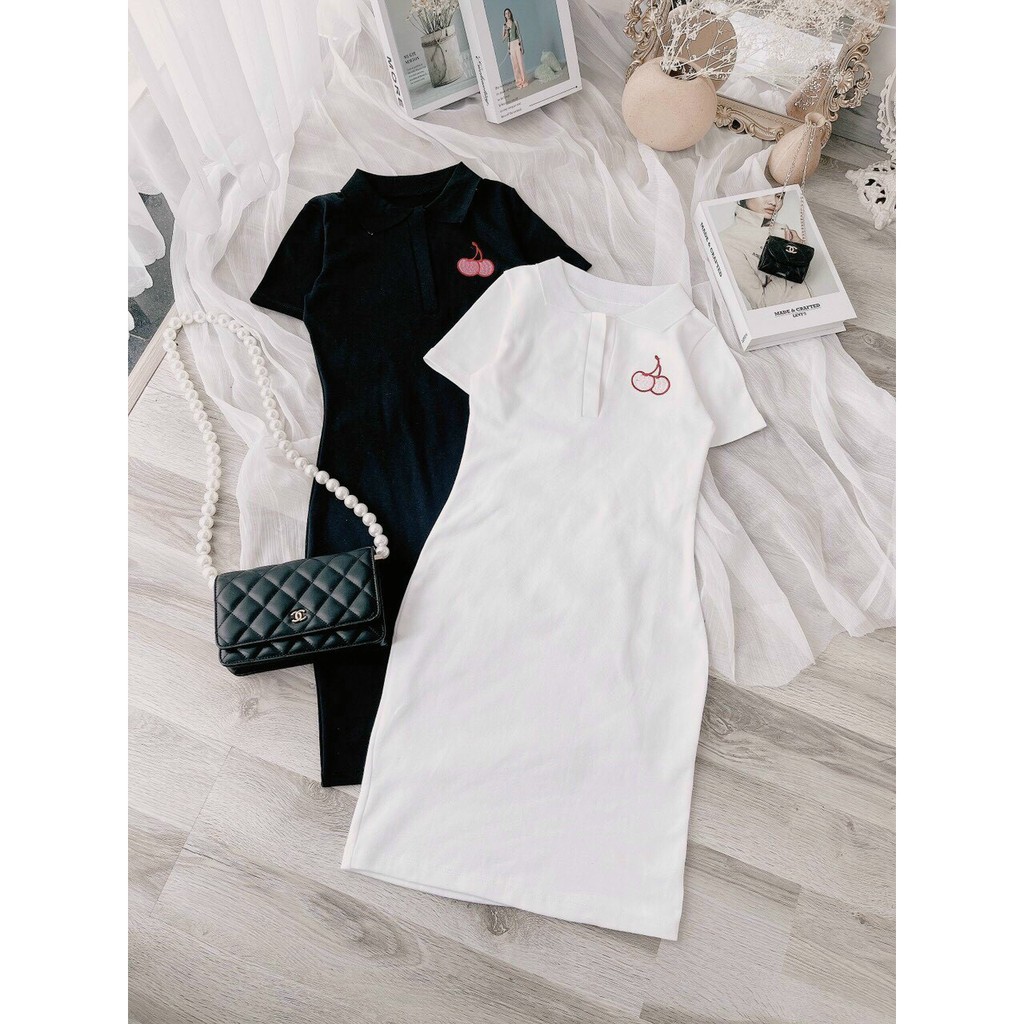 đầm ngắn borip cổ trụ thêu cherry