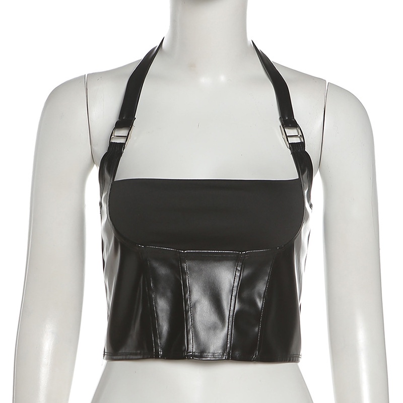 Áo Tank Top Da PU Hở Lưng Phối Khóa Kéo Phong Cách Đường Phố Cá Tính Cho Nữ
