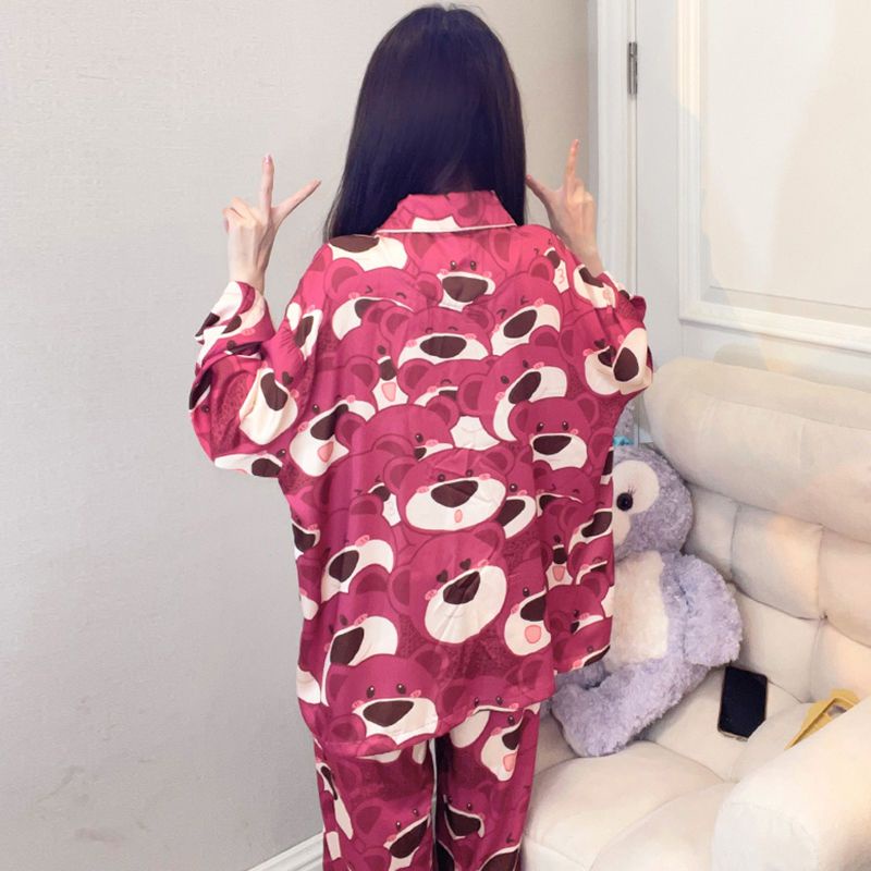 Bộ Đồ Ngủ Tay Dài In Hình Gấu Và Dâu Tây Dễ Thương Thời Trang Mùa Thu Cho Nữ