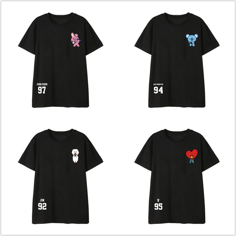 Áo Thun Cotton Tay Ngắn Cổ Tròn Màu Đen In Họa Tiết Hoạt Hình BANGTAN Boys V RM JIMIN Alphanumeric CHIMMY RJ KOYA Dành Cho Tuổi Teen