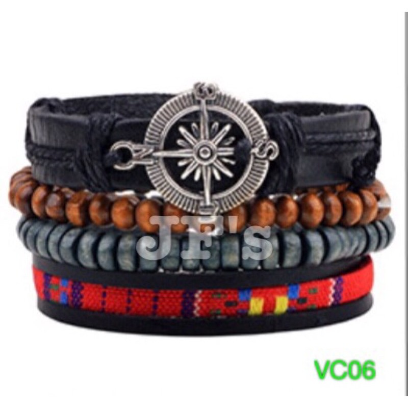 Vòng đeo tay nam nữ da bò hạt gỗ, vòng tay bohemian unisex