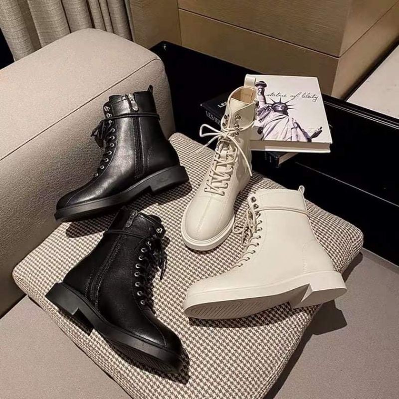 Giày Bốt Martins Nữ Boots Cao Cổ Da Mềm Đế Bằng Khóa Kéo Cạnh (Tặng Kèm Tất) GB01 | BigBuy360 - bigbuy360.vn