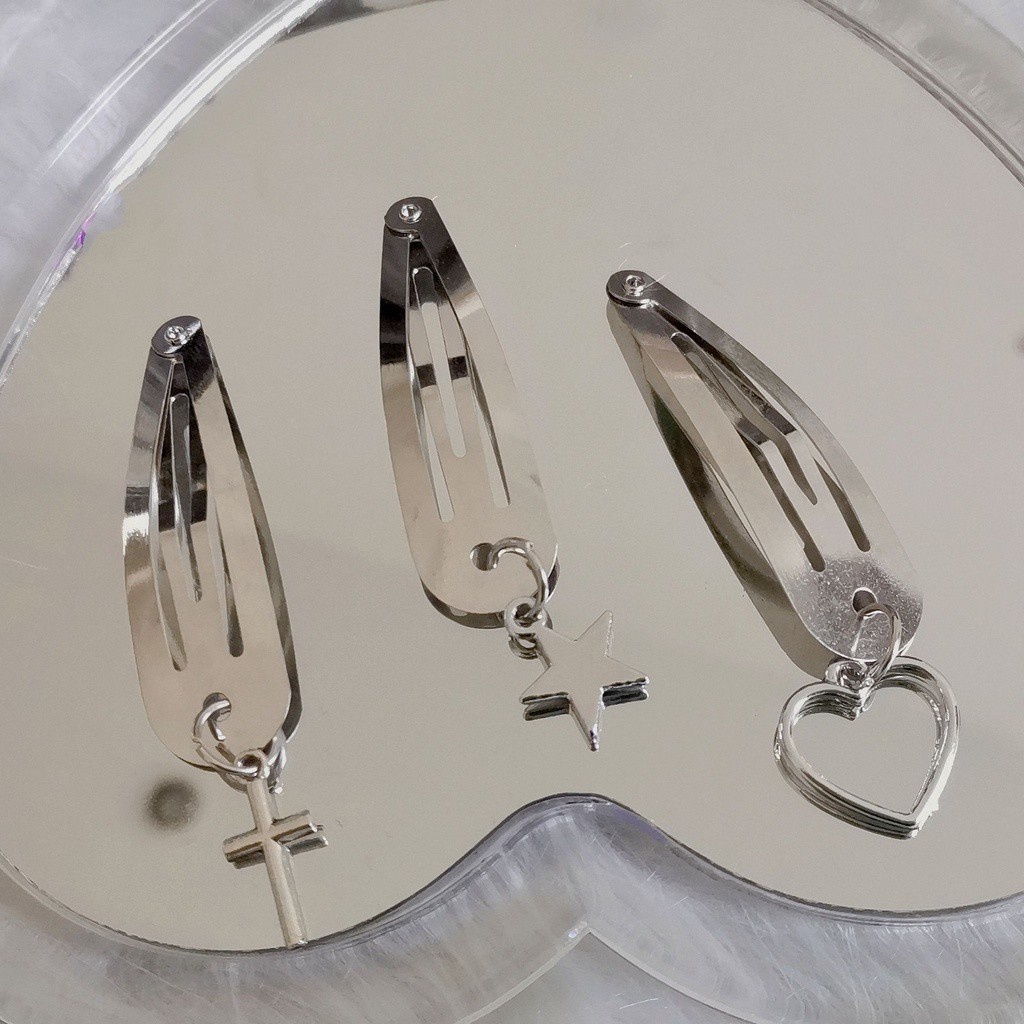 Kẹp Tóc Kim Loại Màu Bạc Mặt Chữ Thập / Trái Tim Xinh Xắn