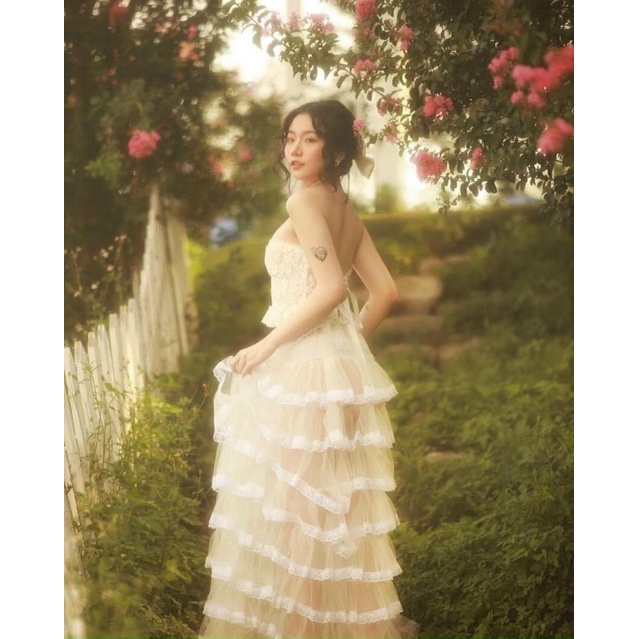 VIDEO THẬT🤍 Set công chúa: áo ren ống đan dây + chân váy maxi tầng xoè bồng  chuẩn hình