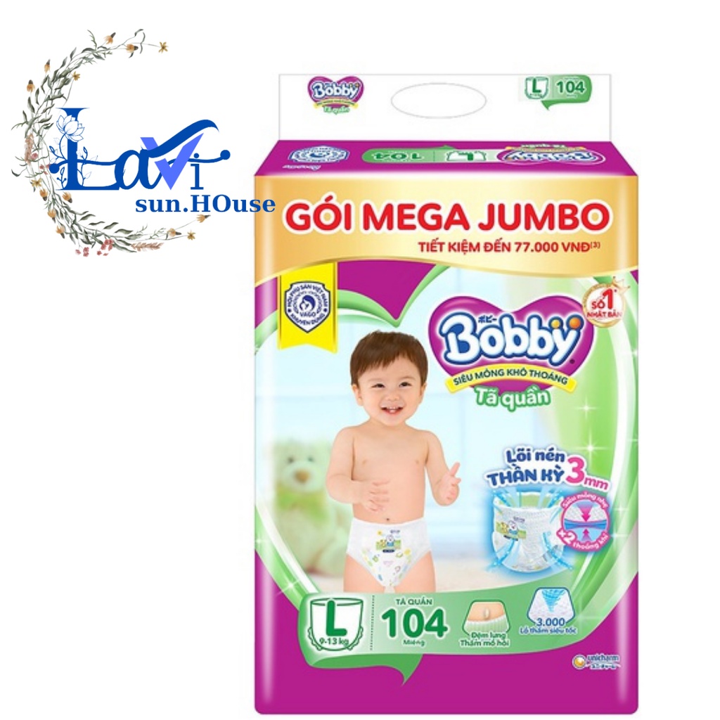 Tả quần Bobby Mega Jumbo đủ size L104, XL96, XXL88 miếng, tả quần bobby mẫu mới lõi nén thần kỳ