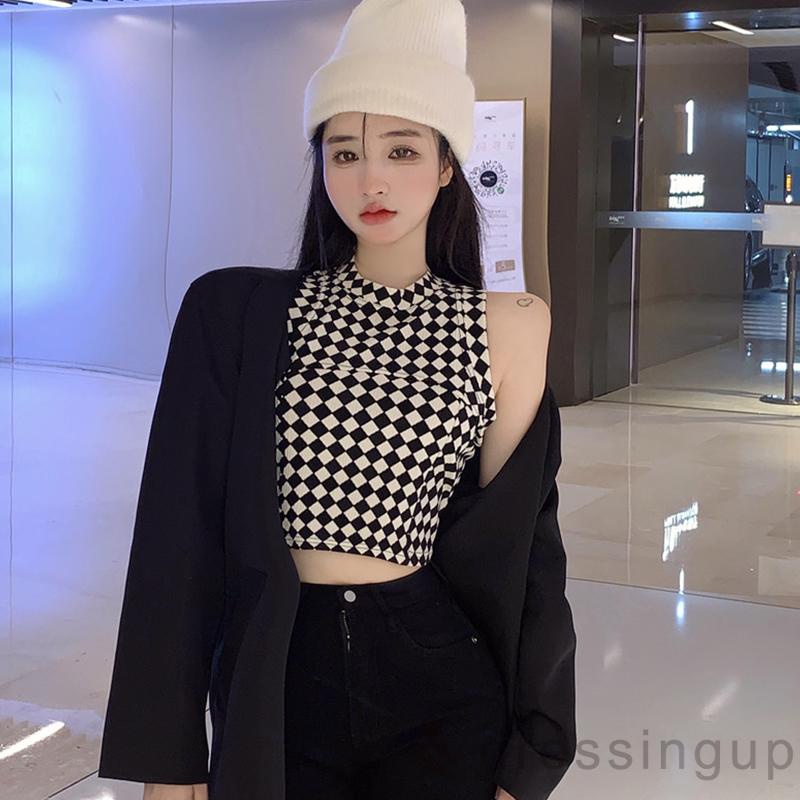 Dre-áo Tank Top Ôm Dáng Vừa Vặn Họa Tiết Hình Thoi / Ngựa Vằn Cho Nữ