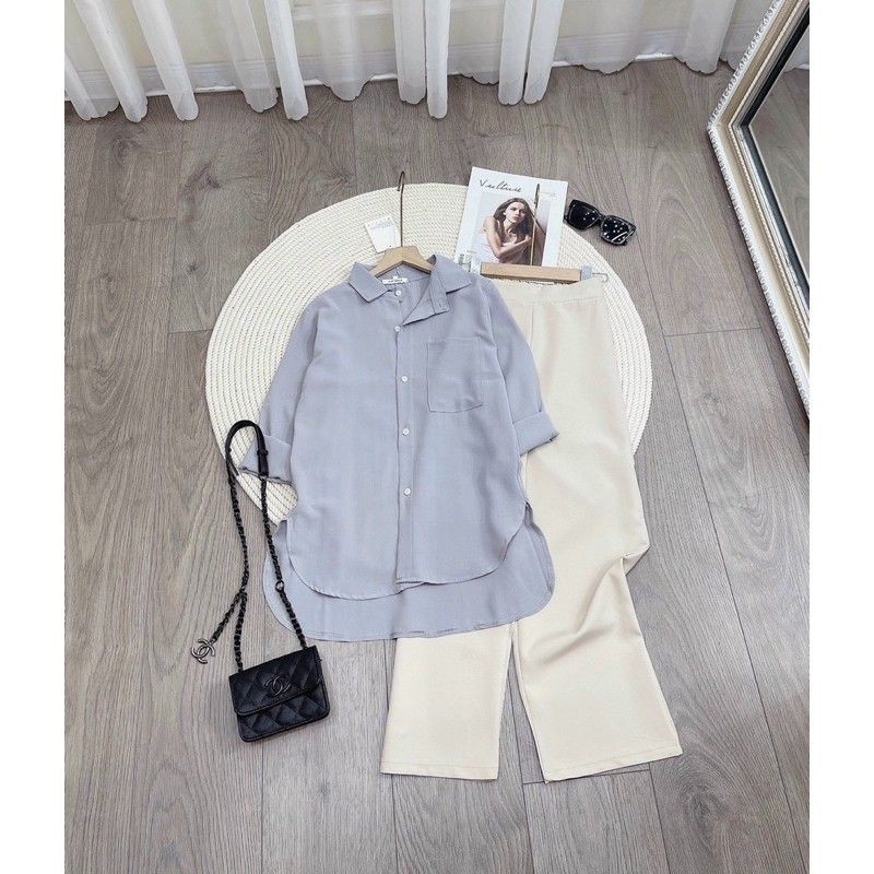 Set áo sơ mi đũi quần ống rộng phong cách