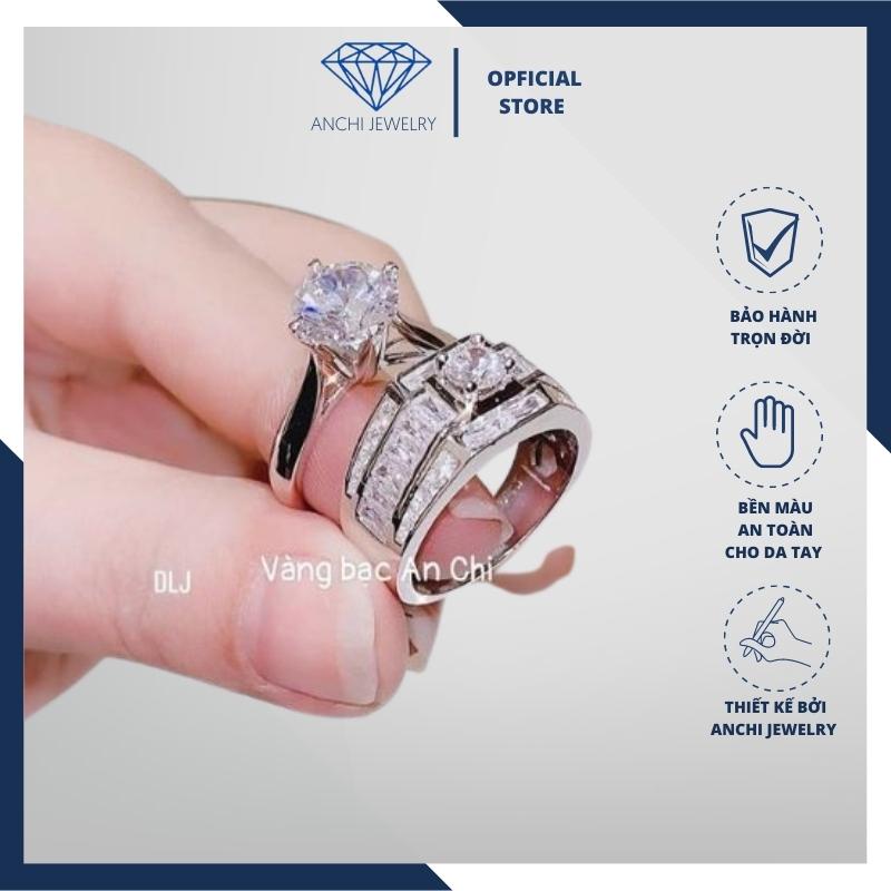 Nhẫn đôi bạc ta xi bạch kim - Nhẫn cặp nam nữ đính đá sang trọng, ACJM340W200