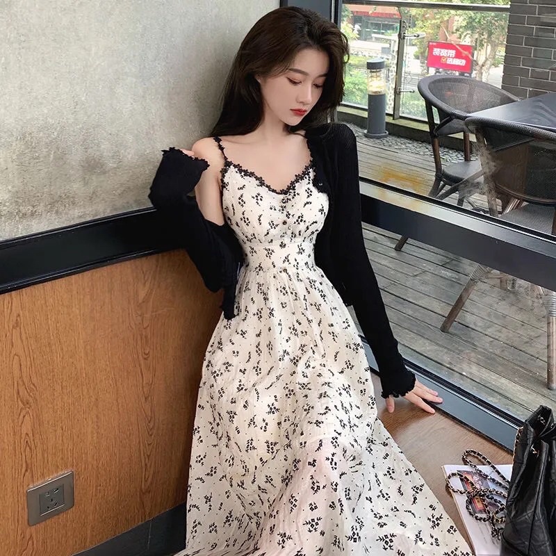 Set Váy Hoa Nhí Đen Dáng Maxi Cùng Áo Cardigan Đen HT02 Phù hợp cho nữ 2021 | BigBuy360 - bigbuy360.vn