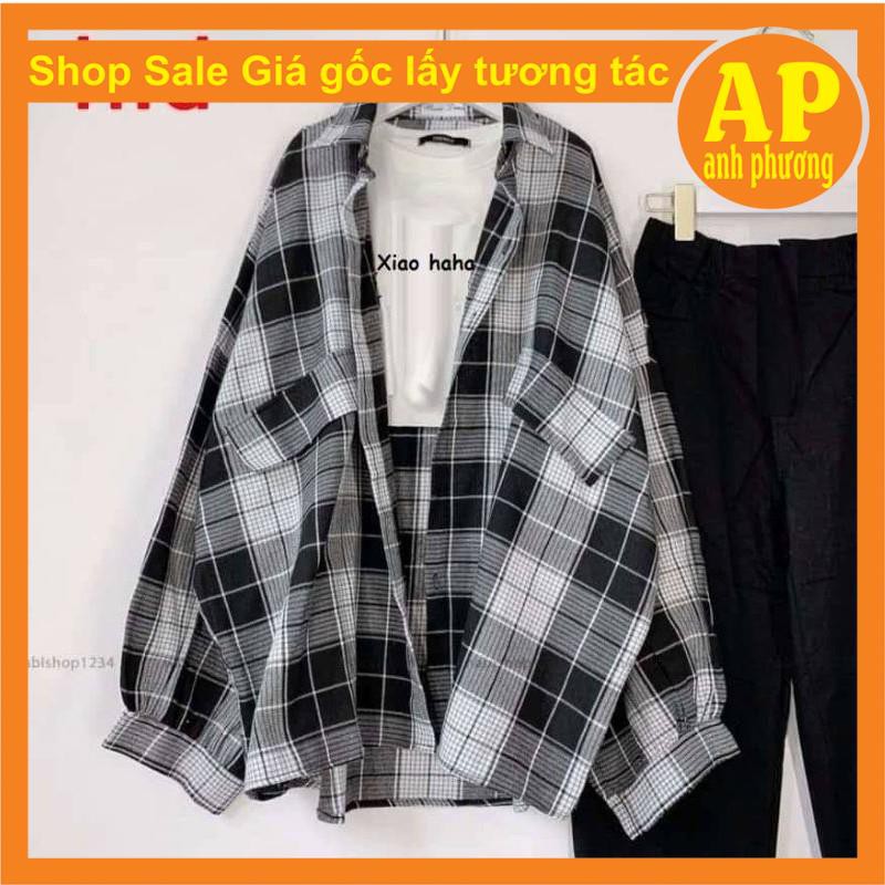 Sét 3 món sơ mi + áo xiao + quần suông❤️gồm áo sơ mi kẻ 2 nắp túi chất thô❤️áo trong body in chữ chất bozip và quần suôg