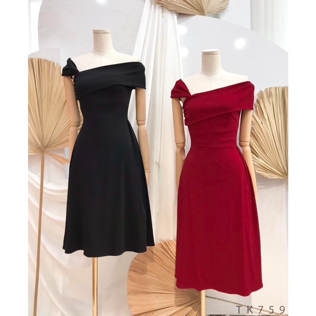 [Ảnh thật] Đầm thun midi lệch vai