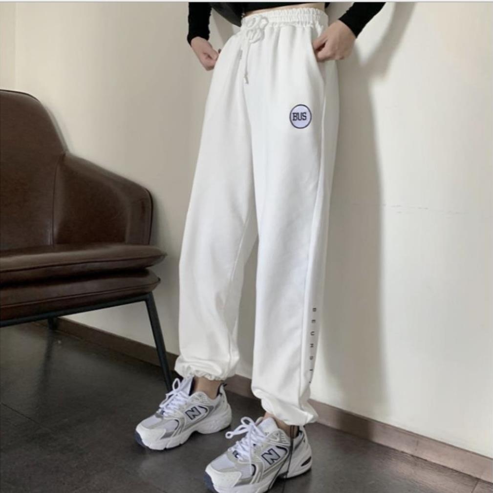 Quần Nỉ Da Cá BUS Unisex [FREESHIP] 🌸 Jogger suông ống rộng rút dây thêu chữ màu ĐEN | TRẮNG | XÁM Ulzzang HOT 🌸