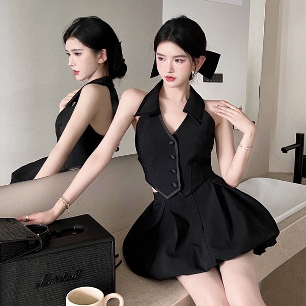Bộ Áo Không Tay Dáng Ôm + Chân Váy Chữ A Lưng Cao Màu Đen Thời Trang Mùa Hè Quyến Rũ Cho Nữ